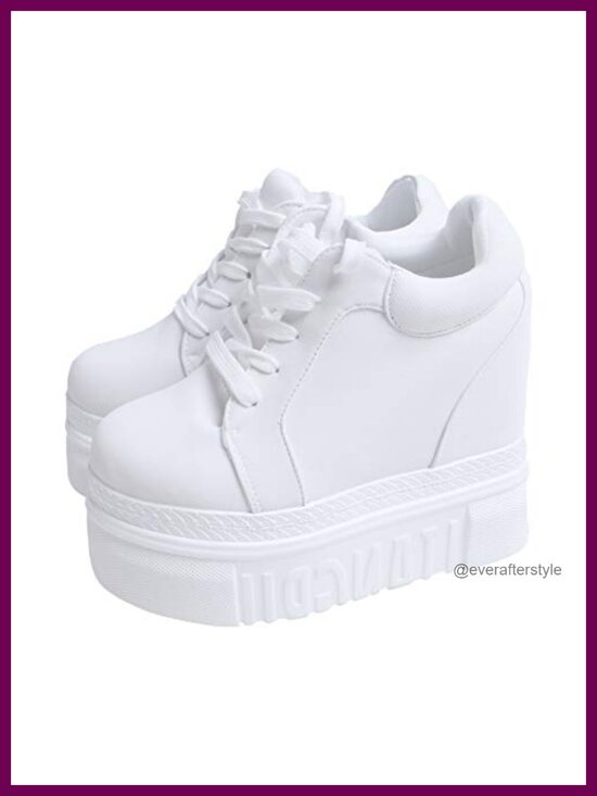 Shoes - Women Platform Sneakers Hidden Heel Wedge Walking Shoes Lace Up Canvas